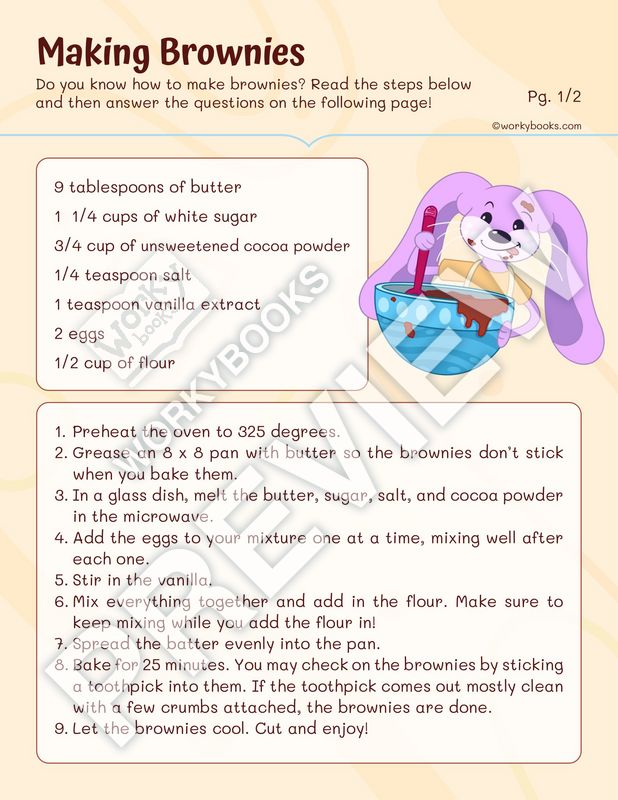 Worksheet - Making Brownies | Steps in a Technical Procedure | Recipe ...