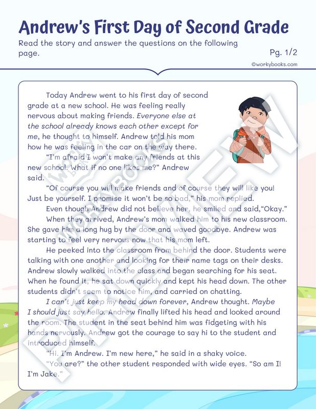 Worksheet - Andrew’s First Day of Second Grade | How a Character ...