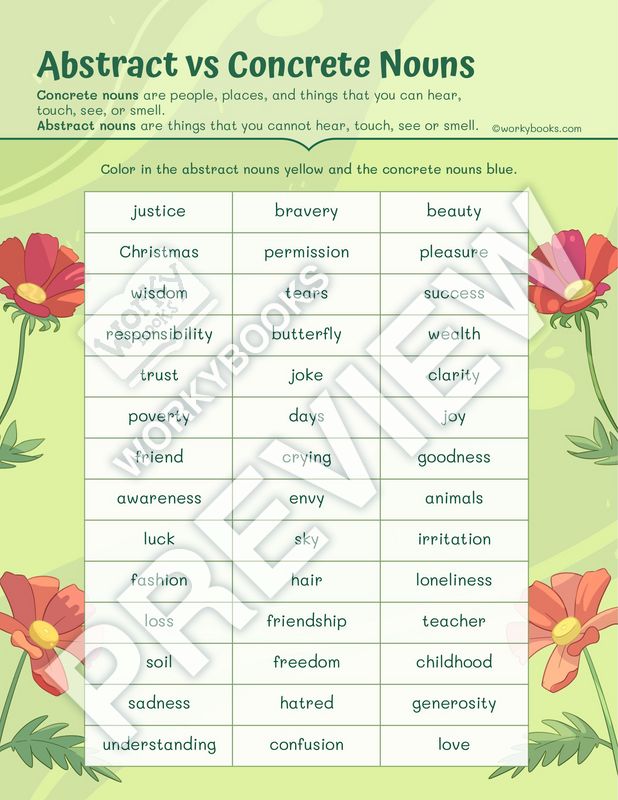 Worksheet Abstract vs Concrete Nouns Abstract and Concrete Nouns