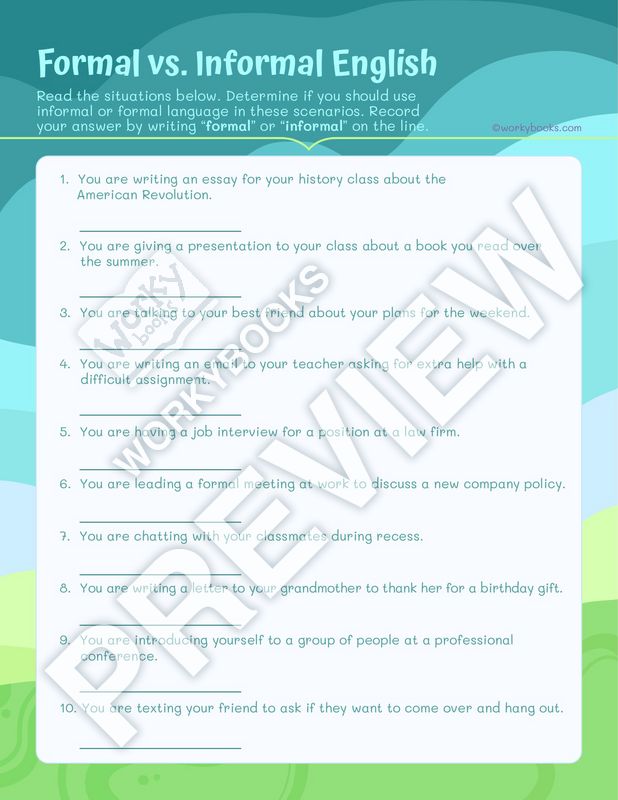 Worksheet Formal vs. Informal English Interactive Printable
