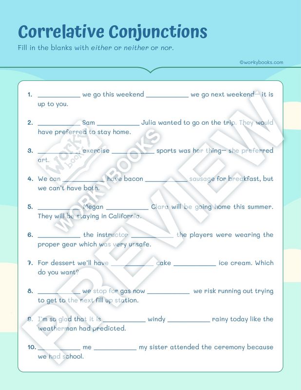 Worksheet - Correlative Conjunctions | Either ...or | Neither ... nor ...