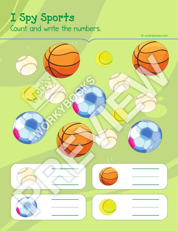 Worksheet - I Spy Sports | Kindergarten worksheets | Math| Counting and