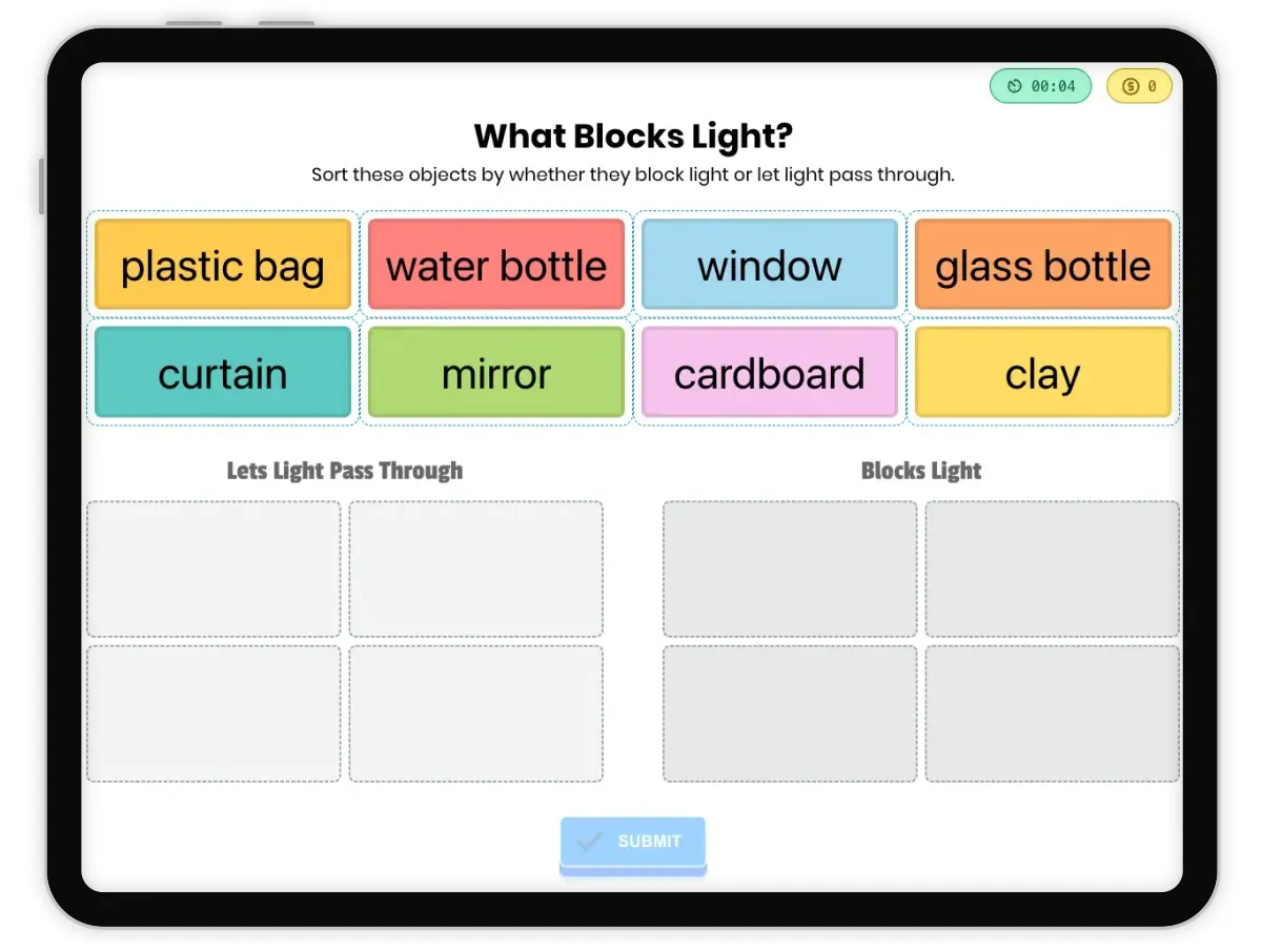 interactive | printable worksheet on CCSS  - Light and Shadows Word Sort - page 1