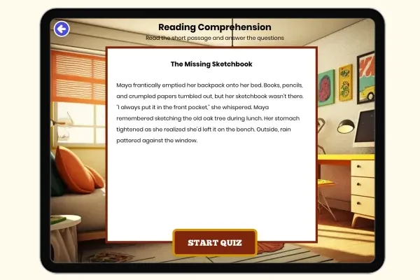 interactive | printable worksheet on CCSS RL.4.1,RL.5.1,RL.6.1 - The Missing Sketchbook - thumbnail
