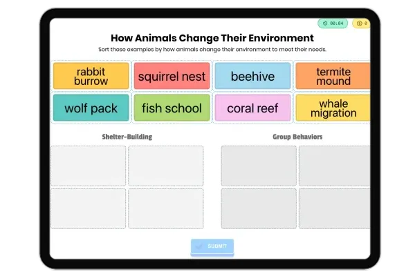 interactive | printable worksheet on CCSS  - How Animals Change Their Environment - thumbnail